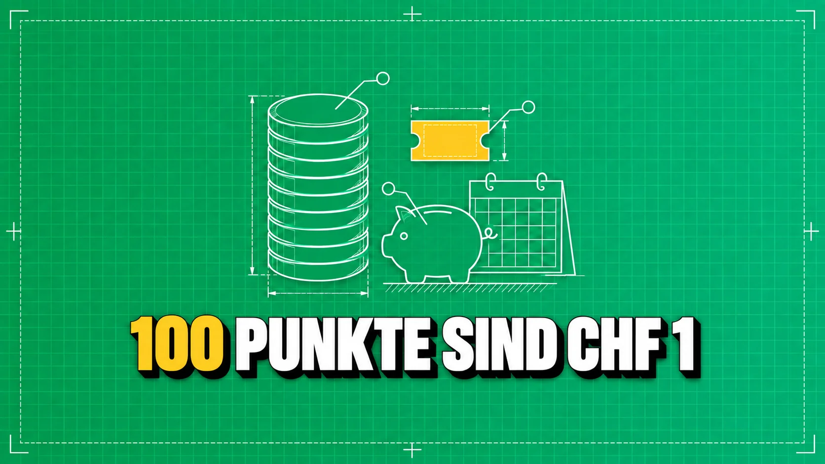 Glatte Spielsteine, leerer gelber Gutschein, Sparschwein und Kalender als technische Zeichnung.