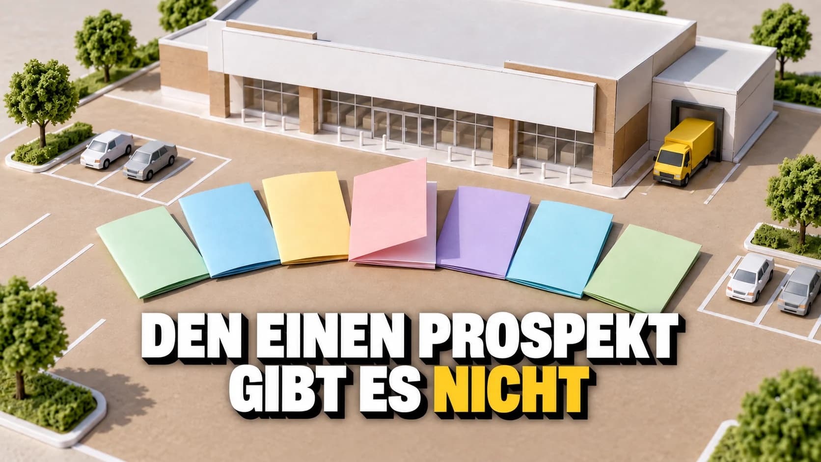 Supermarktmodell mit sieben verschiedenfarbigen leeren Prospekten und einem gelben Lieferwagen.