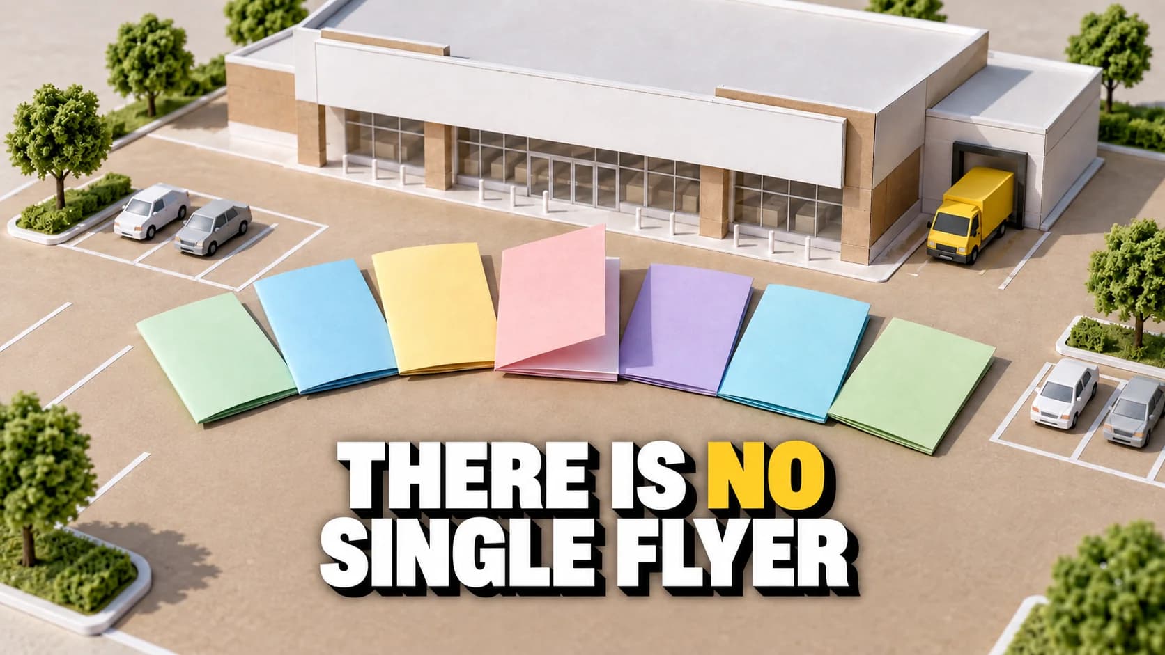 Supermarket model with seven differently coloured blank flyers and a yellow van.