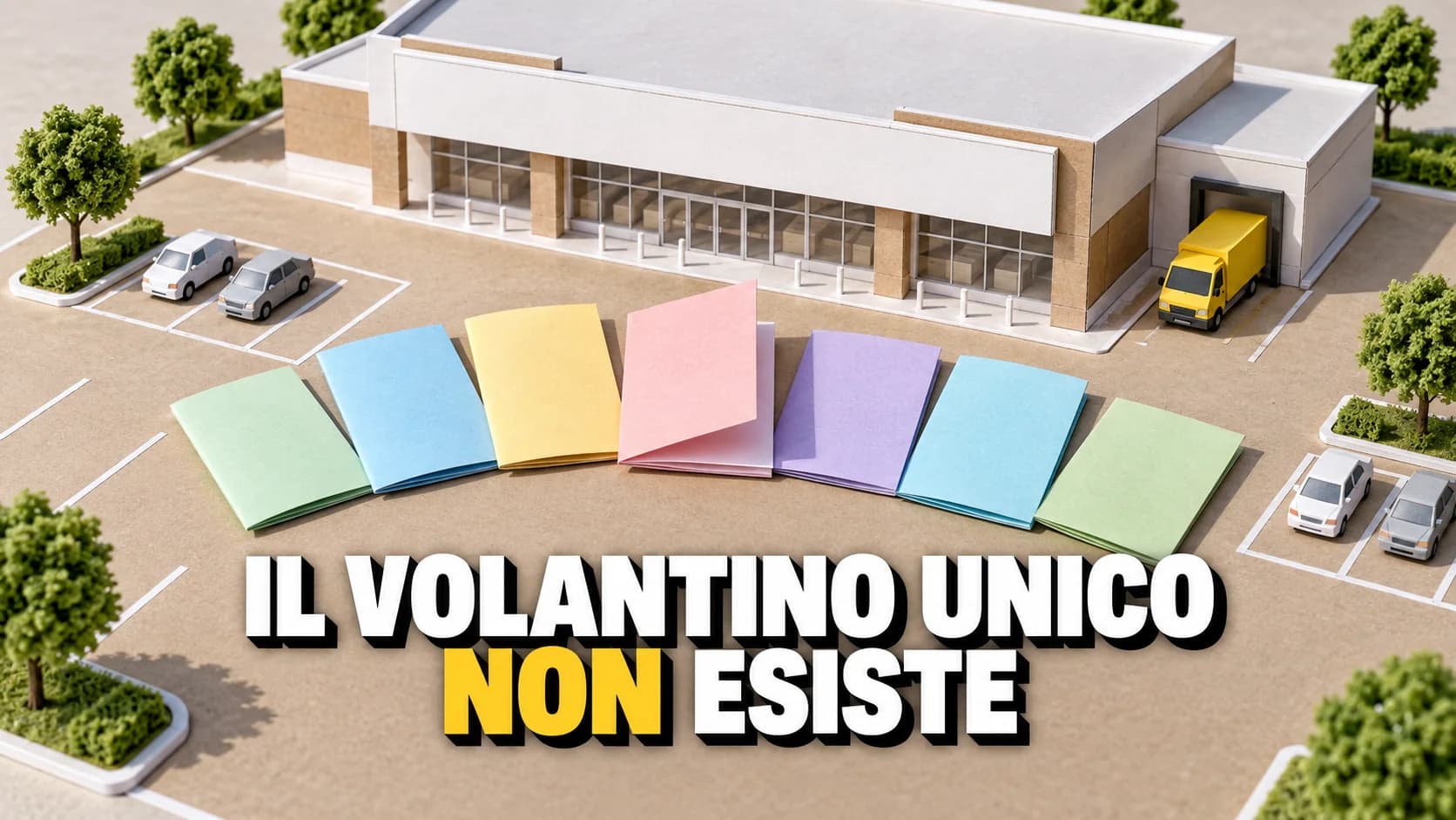 Modellino di cartone di un supermercato con davanti sette volantini di carta piegati a ventaglio, tutti senza scritte, e un furgoncino giallo.