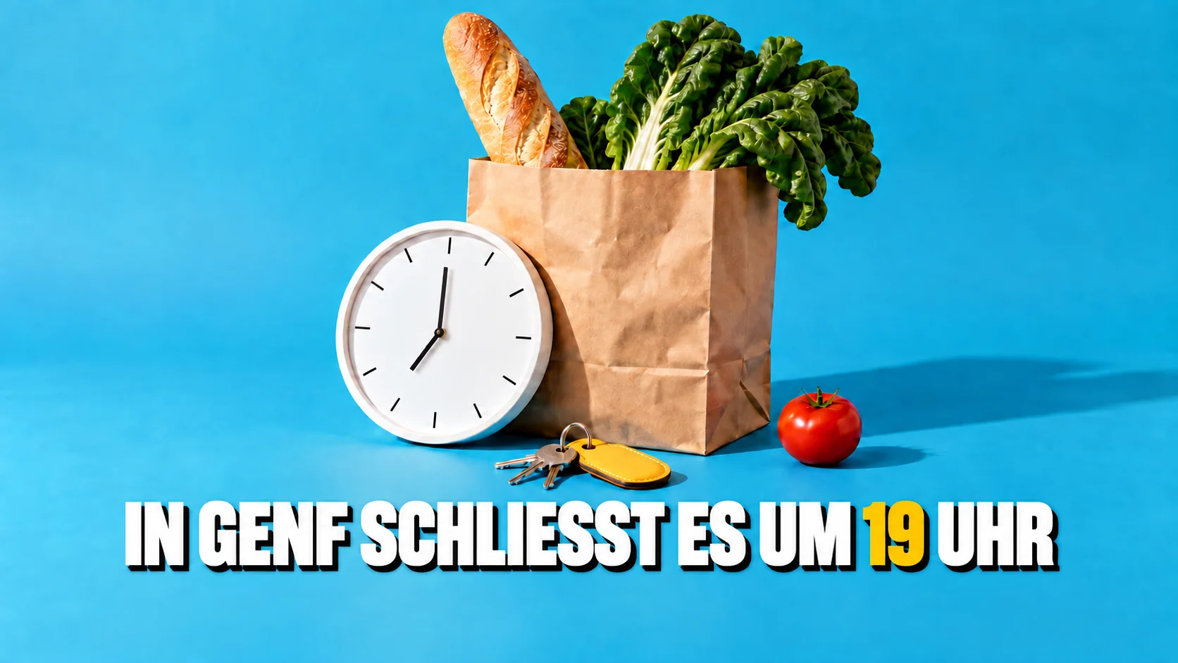 Einkaufstüte, Uhr ohne Ziffern und Schlüssel mit gelbem Anhänger auf blauem Hintergrund.