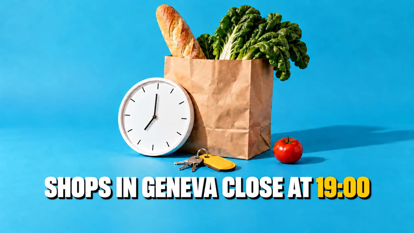 Grocery bag, numberless clock and keys with a yellow fob on a blue background.