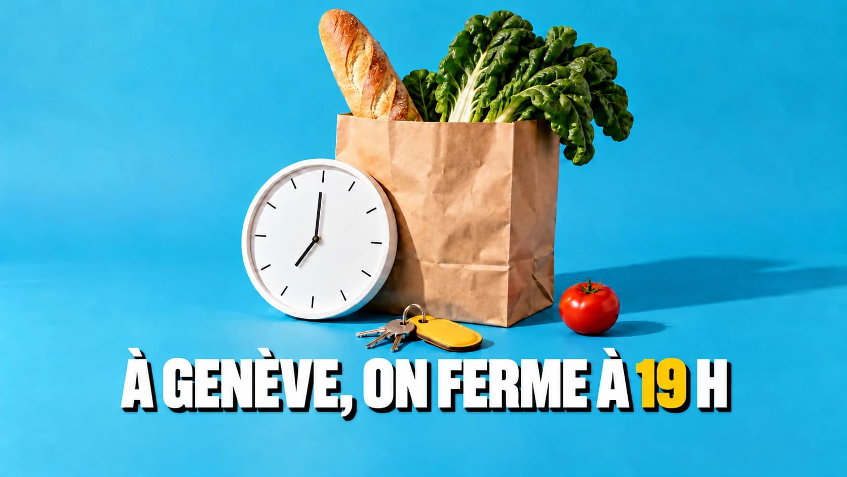 Sac de courses, horloge sans chiffres et clés à porte-clés jaune sur fond bleu.