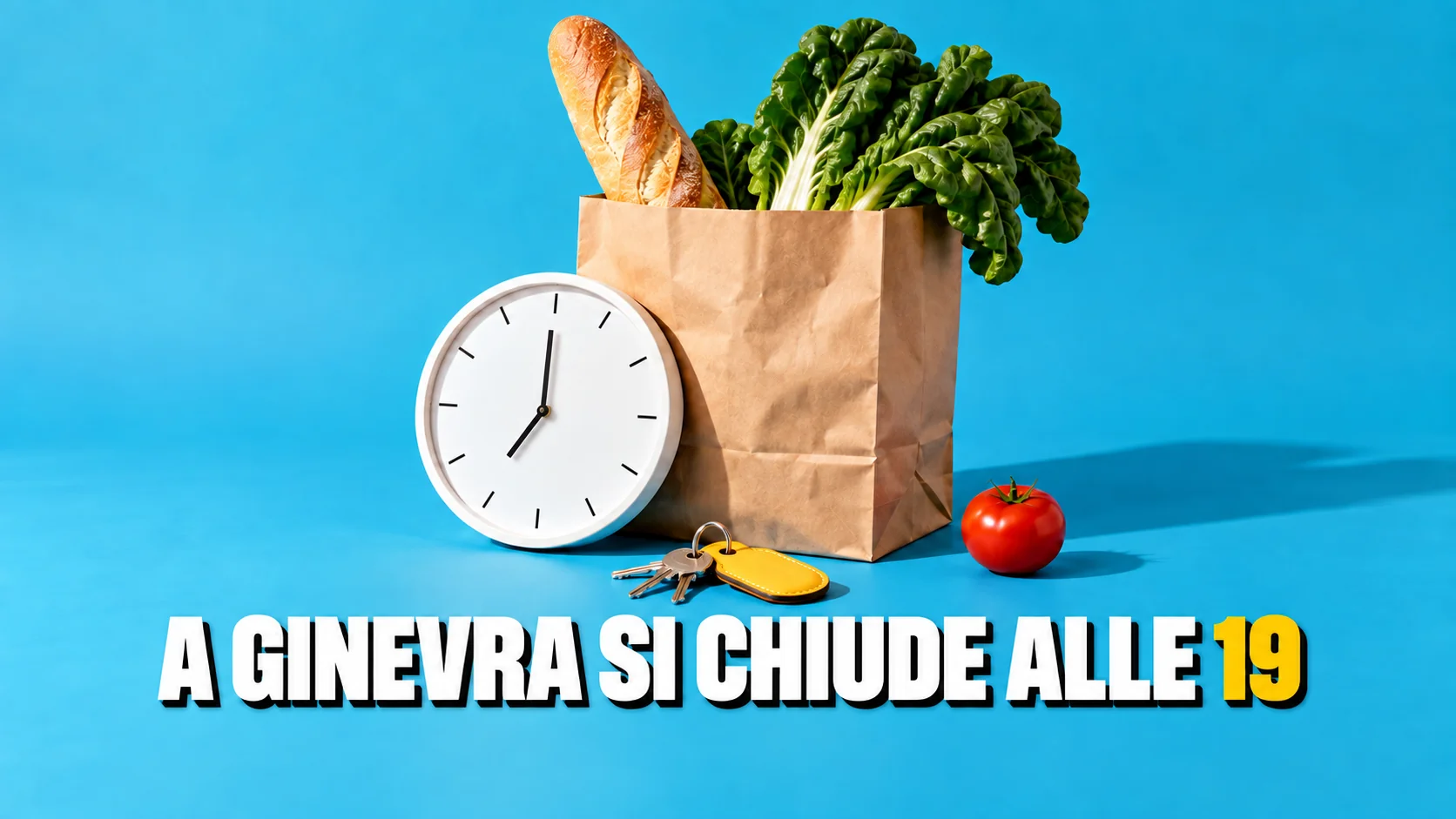 Still life su fondo blu lago: un sacchetto di carta con baguette e bietole, un orologio da parete senza numeri e un mazzo di chiavi con portachiavi giallo.