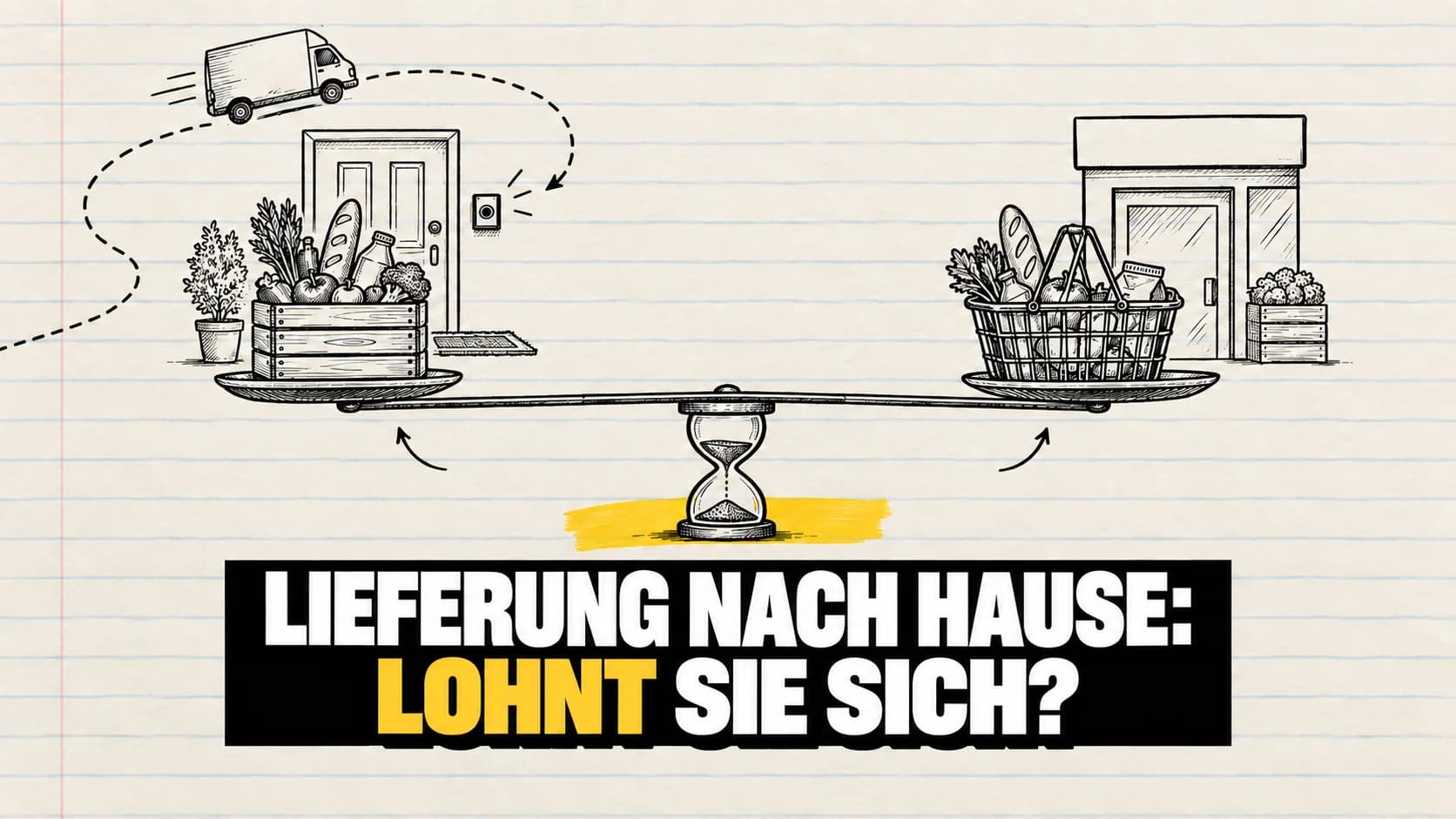Tuschezeichnung einer Wippe auf einer Sanduhr zwischen Einkaufslieferung und Ladenkorb.