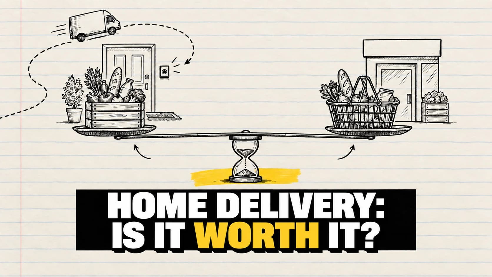 Ink drawing of a seesaw on an hourglass between home delivery and a shop basket.