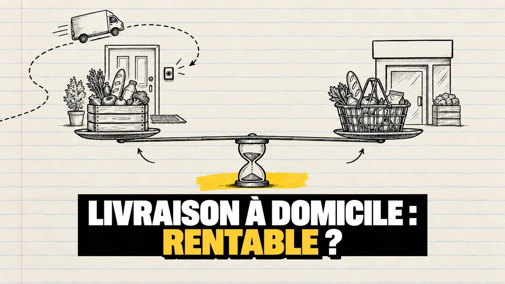 Balançoire dessinée à l’encre sur un sablier, entre livraison à domicile et panier en magasin.