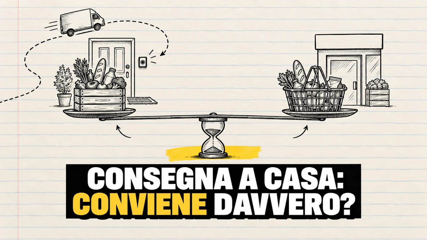 Disegno a inchiostro di un’altalena in equilibrio su una clessidra: da un lato una cassa di spesa davanti a una porta di casa, dall’altro un cestello davanti a un negozio