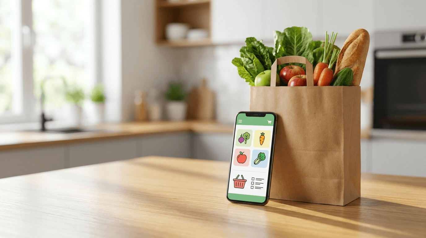Smartphone avec une appli de courses à côté d'un sac en papier plein de produits frais