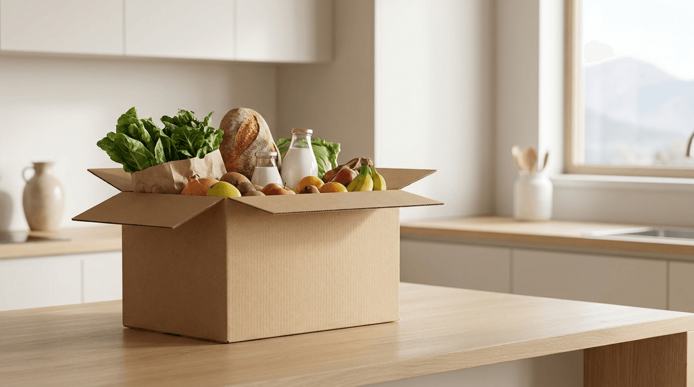 Fresh Migros Online delivery: vegetables, bread and milk in a delivery crate