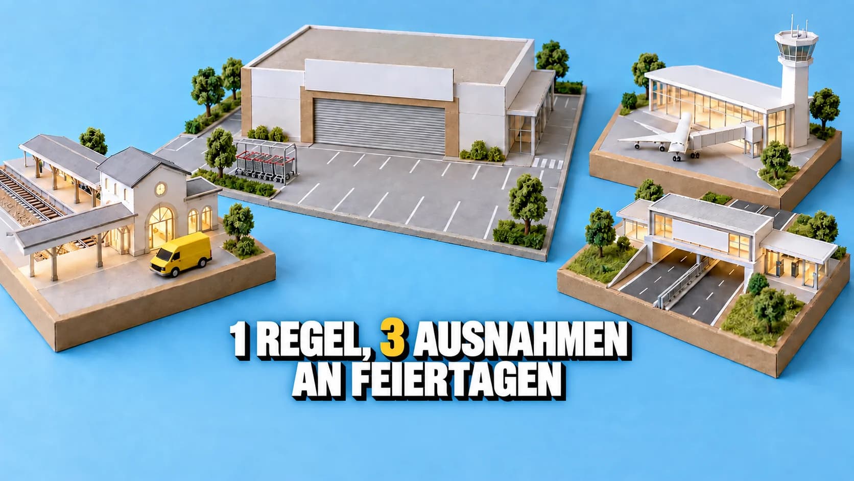 Kartonmodell eines geschlossenen Supermarkts mit offenen Bahnhof-, Flughafen- und Tankstellenshops.