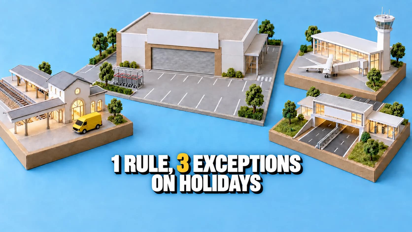 Cardboard model of a closed supermarket surrounded by open station, airport and roadside shops.
