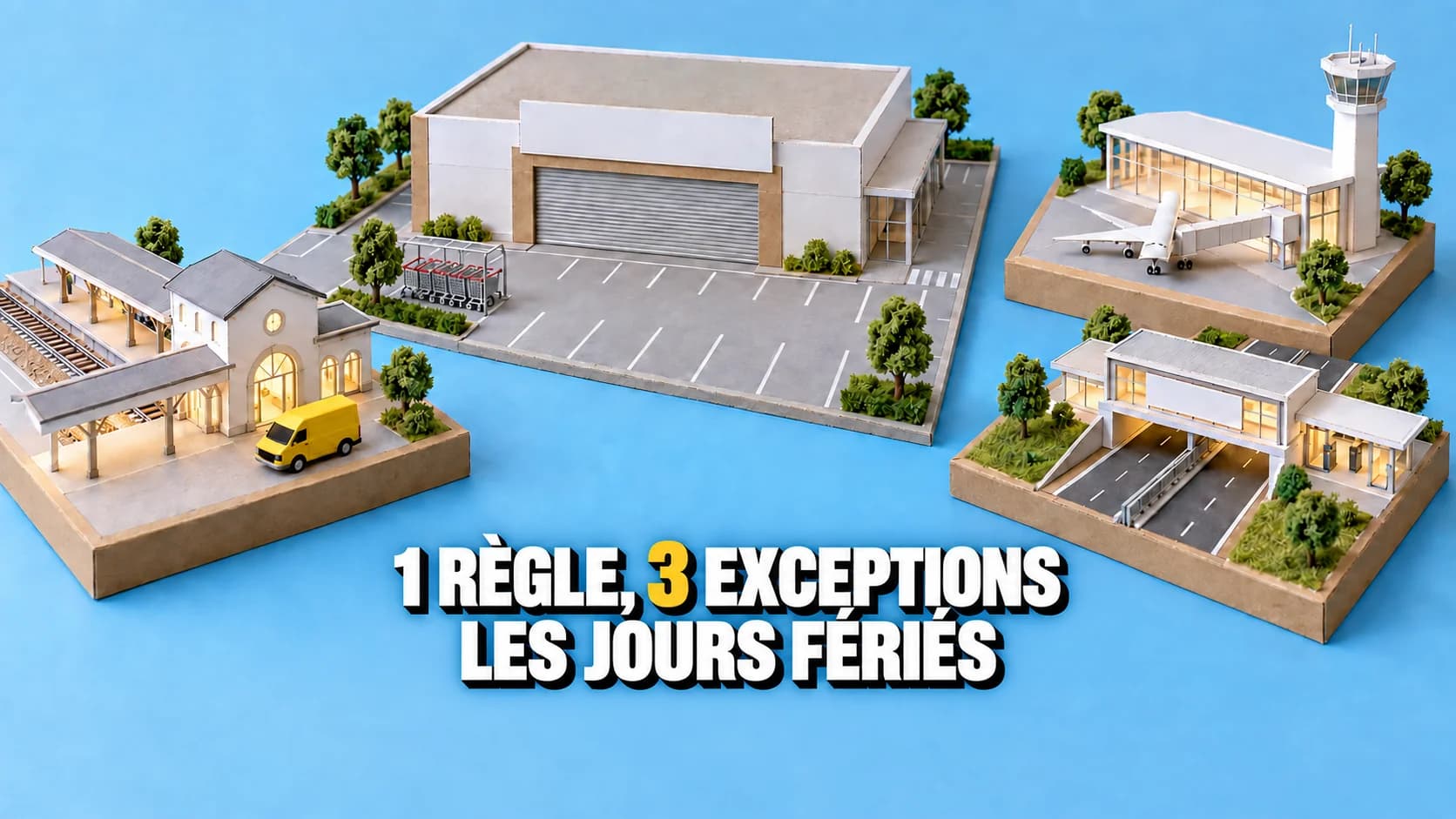 Maquette d'un supermarché fermé entouré de commerces ouverts de gare, d'aéroport et d'autoroute.