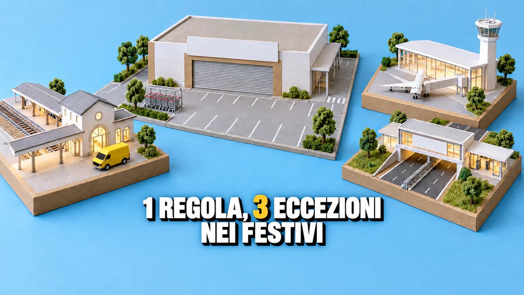 Modellino di cartone: al centro un supermercato bianco con la saracinesca abbassata, attorno tre piccoli edifici aperti su piedistalli, stazione, aeroporto e area di servizio