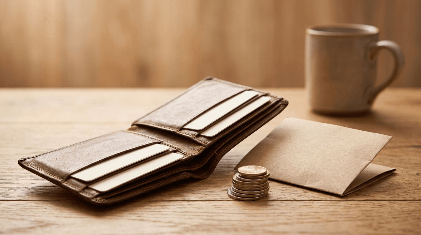 A wallet with loyalty cards, coins and a receipt on a wooden table