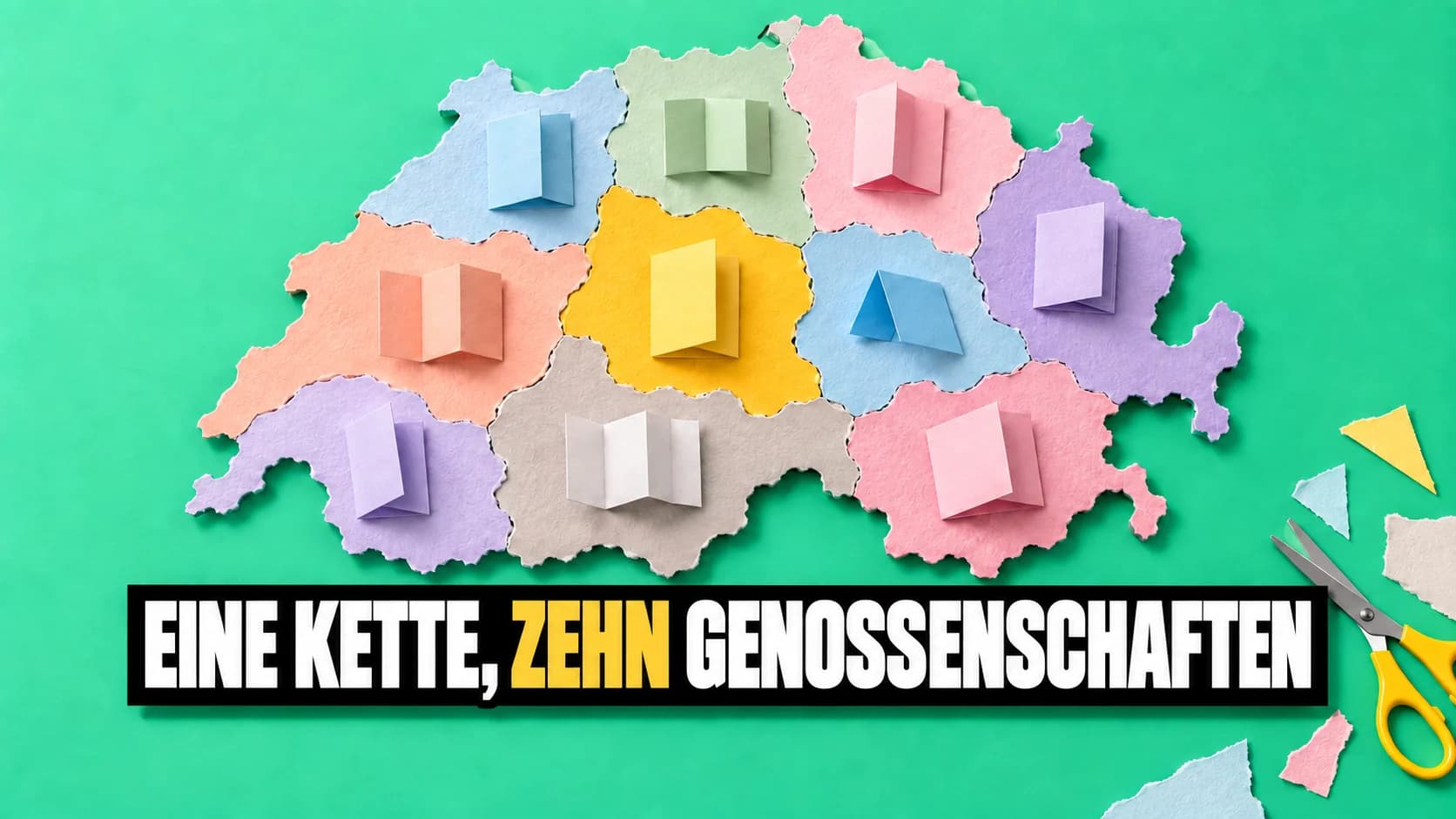 Papiercollage der Schweiz aus zehn Teilen, jedes mit einem leeren gefalteten Prospekt.