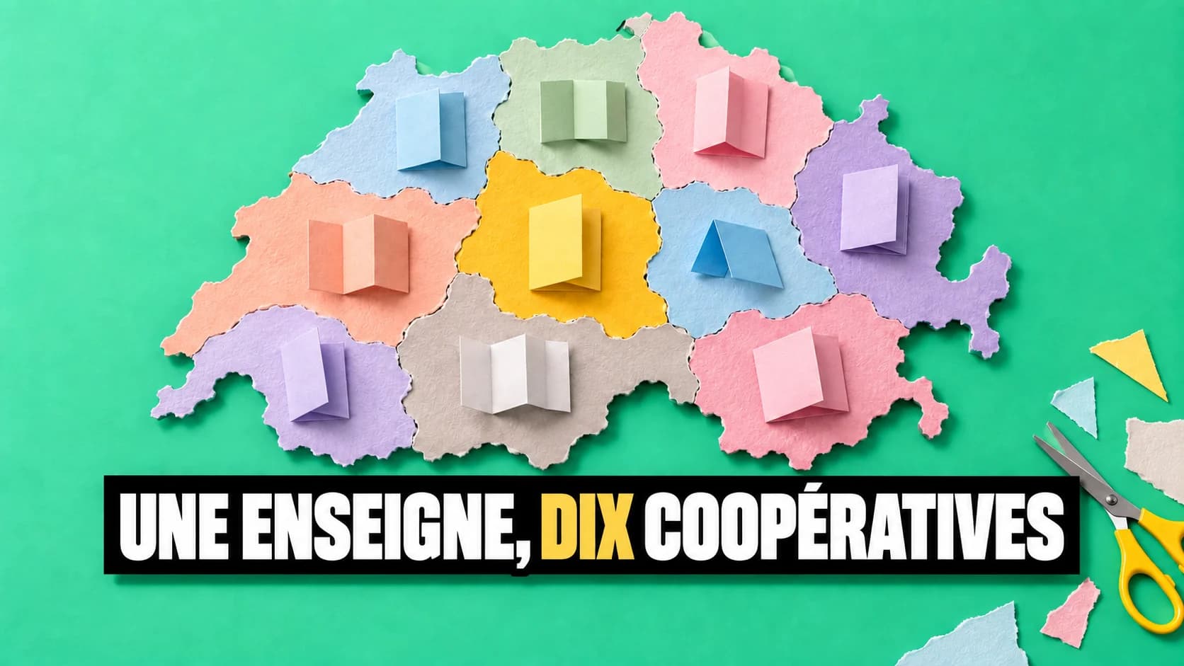 Collage de la Suisse en dix morceaux, chacun portant un prospectus plié vierge.