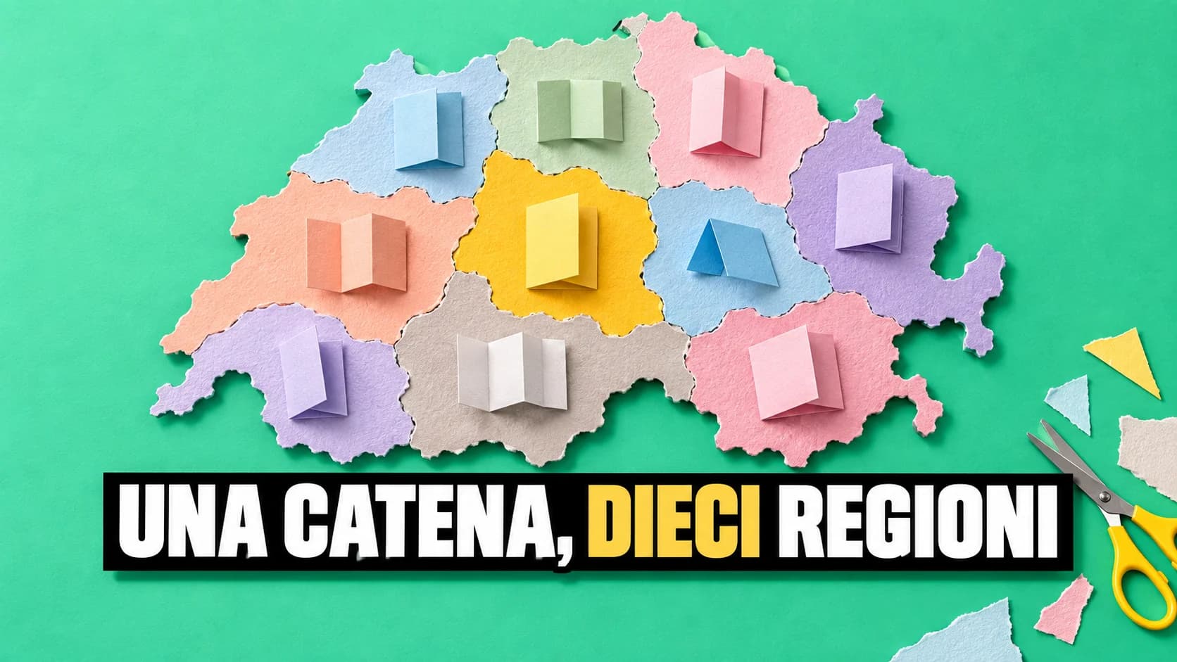 Collage di carta su fondo verde menta: la sagoma della Svizzera divisa in dieci pezzi, ognuno con un volantino di carta piegato, uno dei pezzi è giallo.