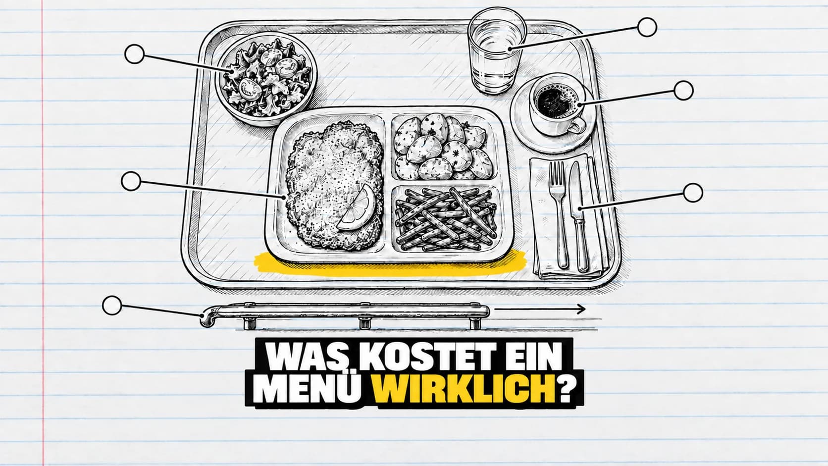 Tuschezeichnung eines Essenstabletts mit Salat, Wasser, Kaffee und leeren Hinweiskreisen.