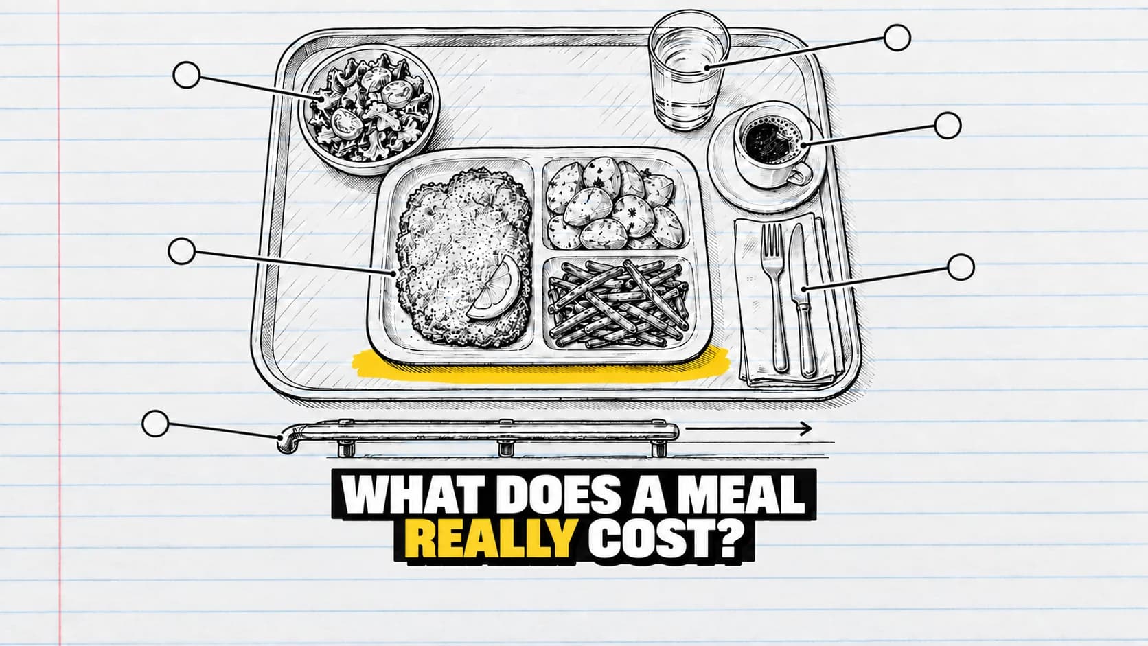 Ink drawing of a meal tray with salad, water, coffee and empty callout circles.