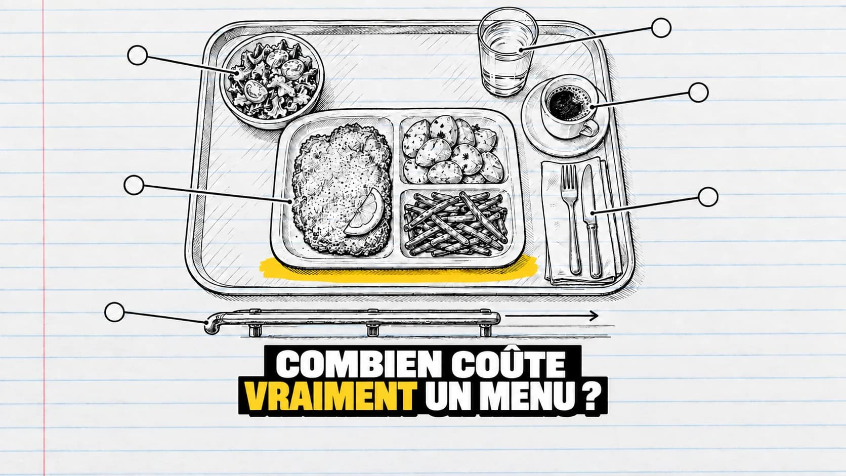 Plateau-repas dessiné à l'encre avec salade, eau, café et cercles de légende vides.