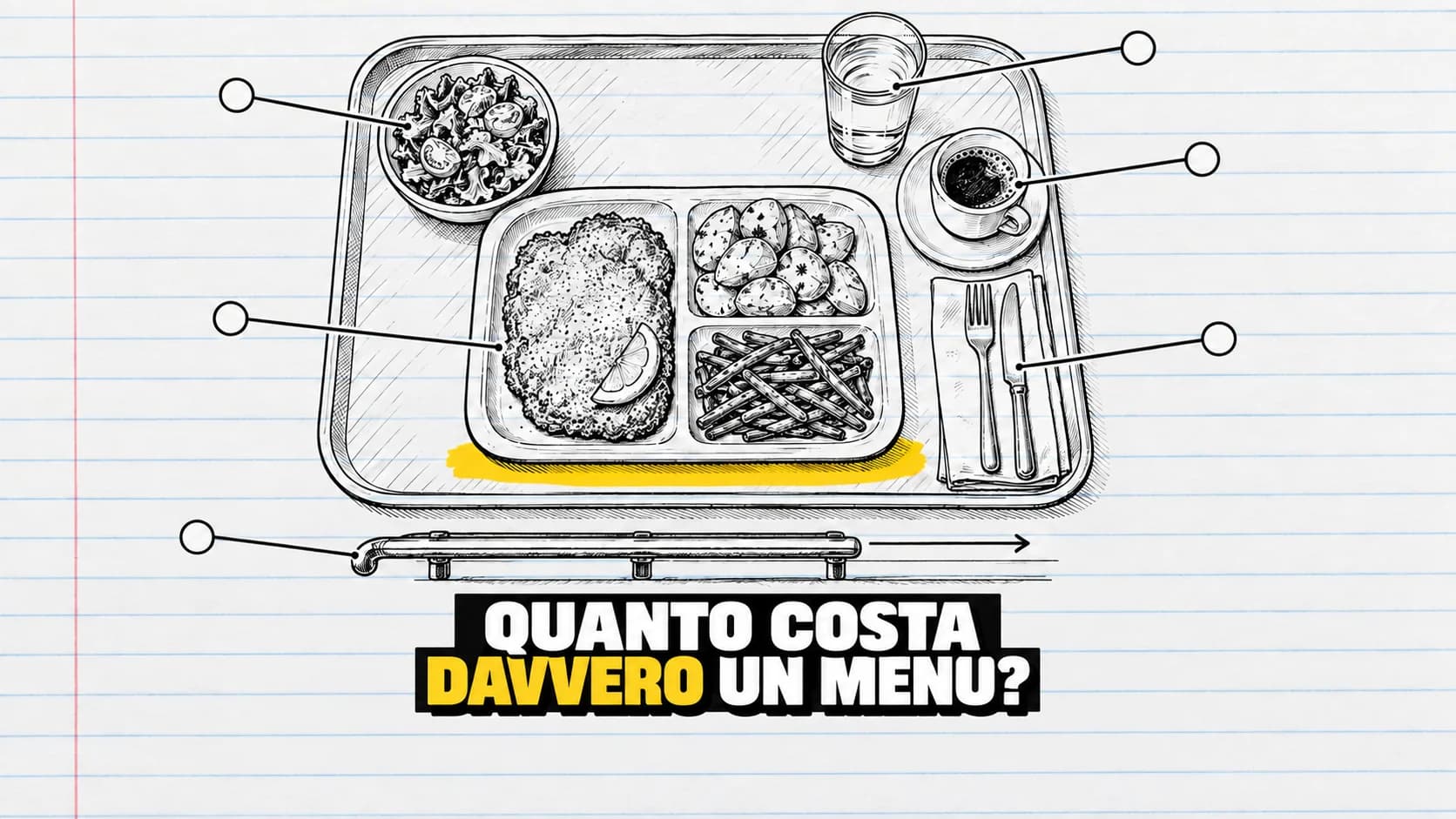 Disegno a inchiostro su carta a righe: un vassoio self-service visto dall'alto con piatto, insalata, bicchiere e caffè, linee di richiamo e un tratto giallo.