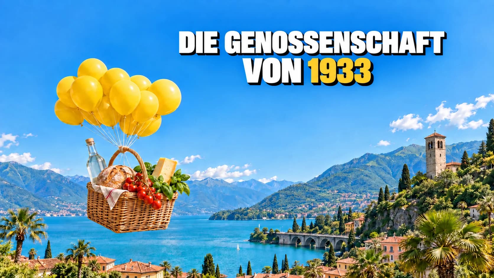 Ein Einkaufskorb schwebt an gelben Ballons über einem See mit Steinturm und Palmen.