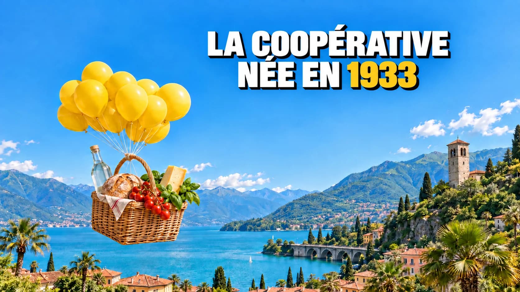 Un panier de courses flotte sous des ballons jaunes au-dessus d’un lac avec tour et palmiers.