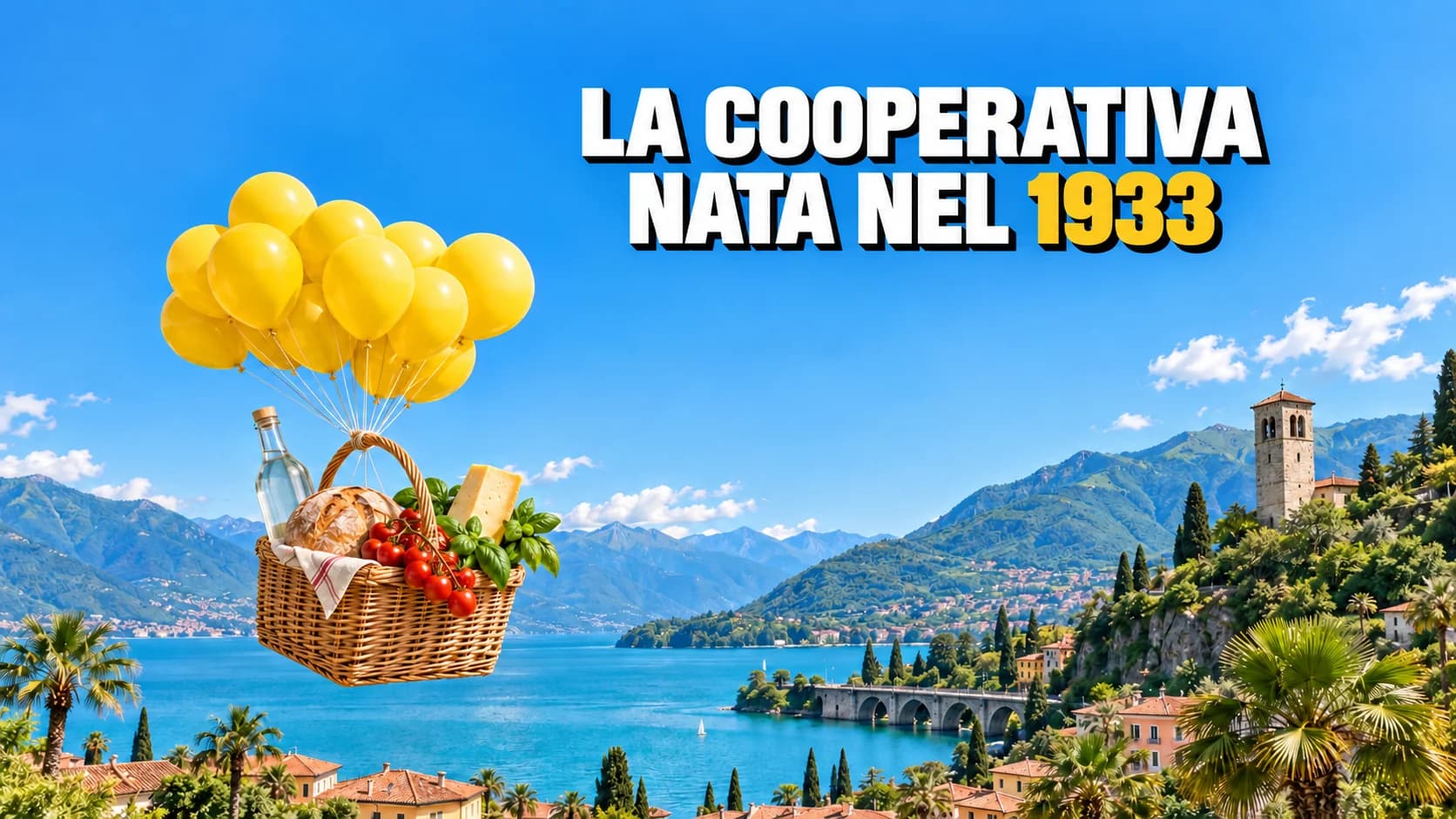 Cesto di vimini pieno di spesa che sale nel cielo azzurro appeso a palloncini gialli, sotto un lago con torre in pietra e palme.