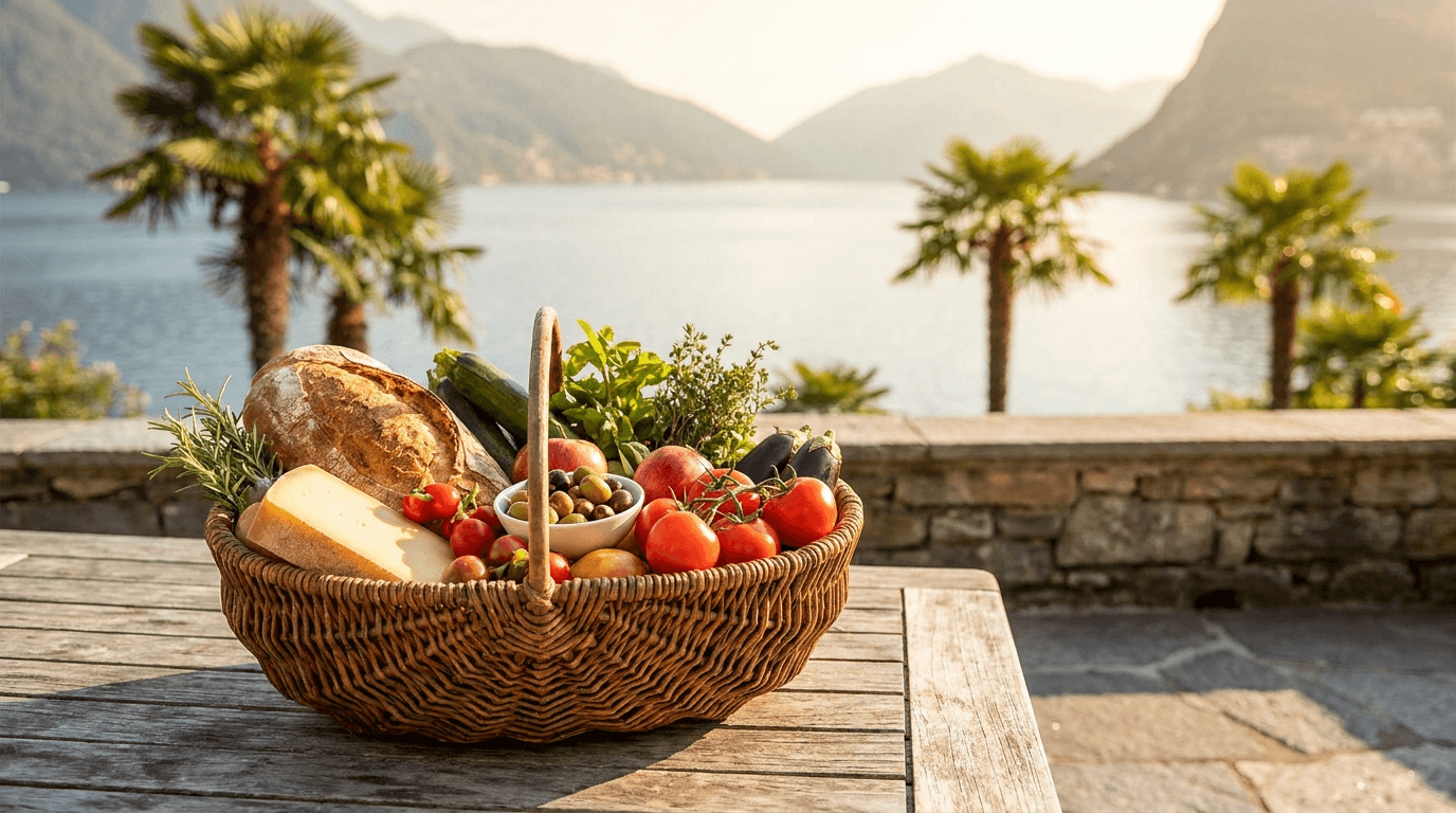 Produits frais méditerranéens-suisses dans un panier avec vue sur un lac sud-alpin