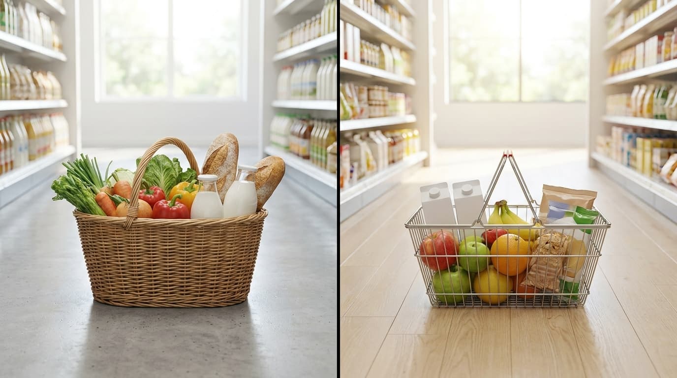 Migros vs Coop in Switzerland: two neutral grocery shopping baskets of fresh groceries side by side, compared across range, price, private labels and loyalty