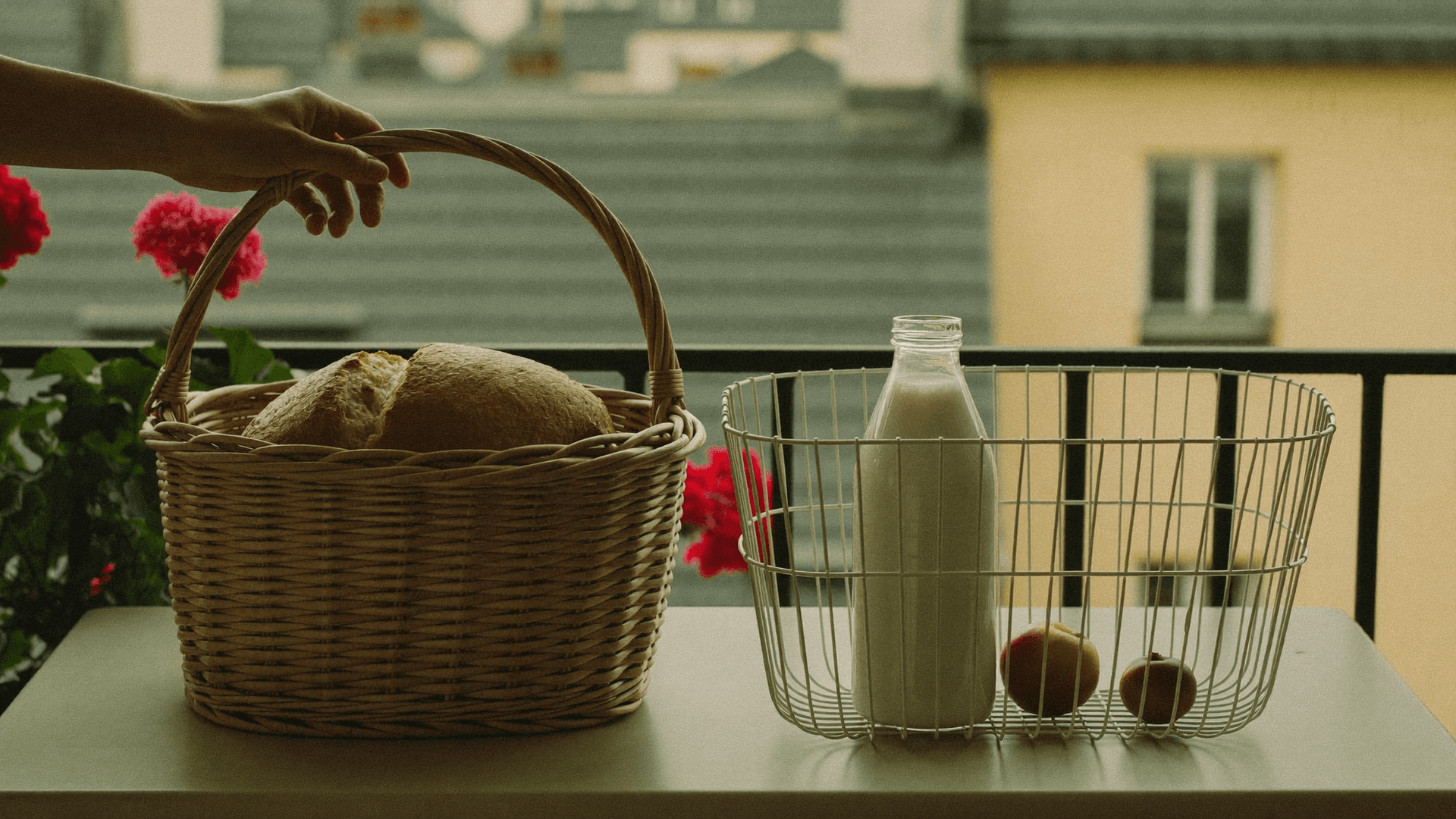 Migros vs Coop in Switzerland: two neutral grocery shopping baskets of fresh groceries side by side, compared across range, price, private labels and loyalty