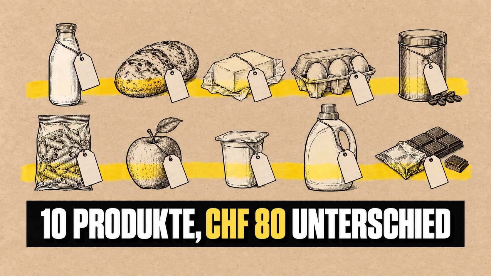 Tuschezeichnung von Alltagsprodukten auf Kraftpapier mit leeren Anhängern.