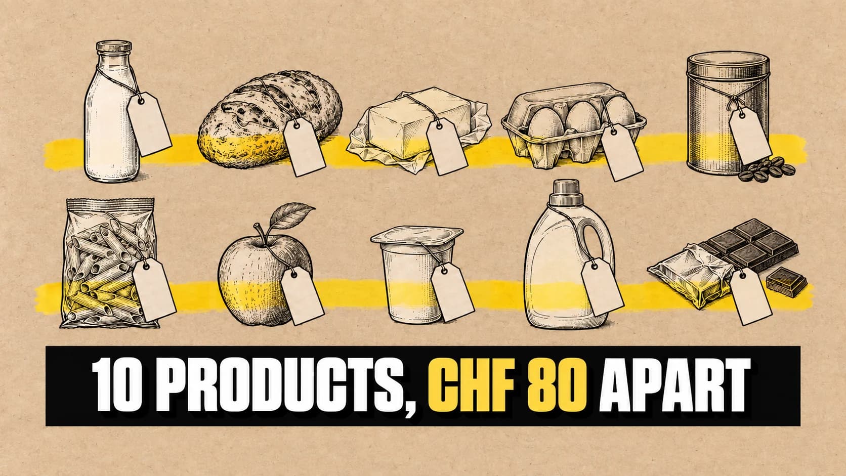 Ink drawing of everyday products on kraft paper, each with a blank tag.