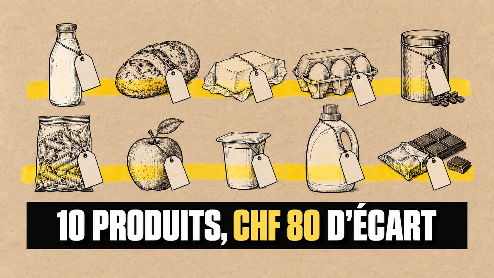 Dessin à l’encre de produits quotidiens sur papier kraft, avec des étiquettes vierges.