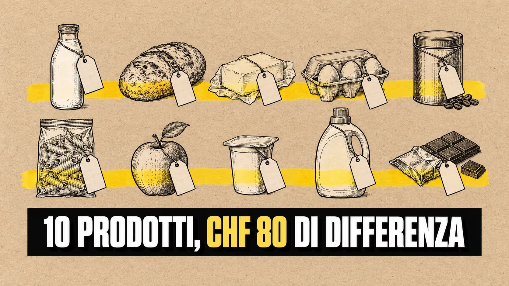 Dieci prodotti di uso quotidiano disegnati a inchiostro su carta kraft, ognuno con un cartellino vuoto appeso.
