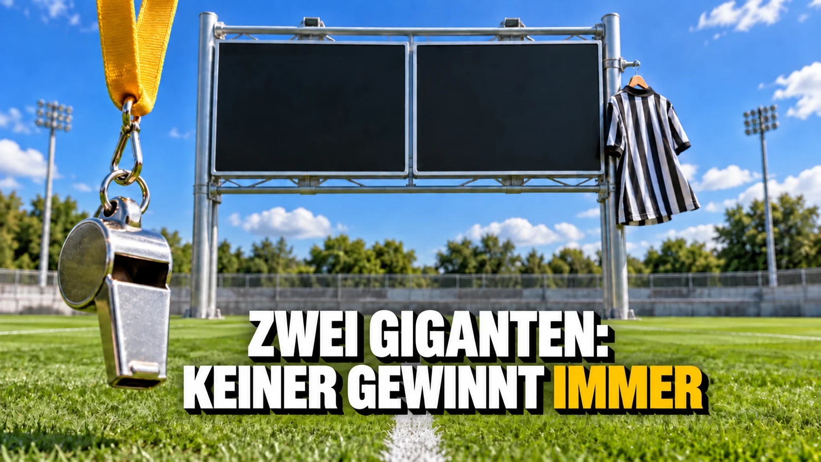 Leere Stadionanzeige auf grünem Spielfeld mit Schiedsrichterpfeife und gelber Kordel.