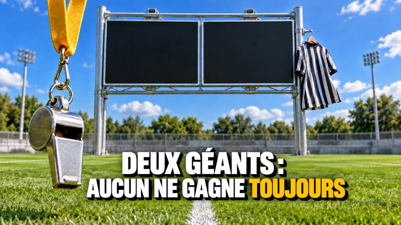 Tableau de score vierge sur un terrain vert, avec sifflet d’arbitre et cordon jaune.