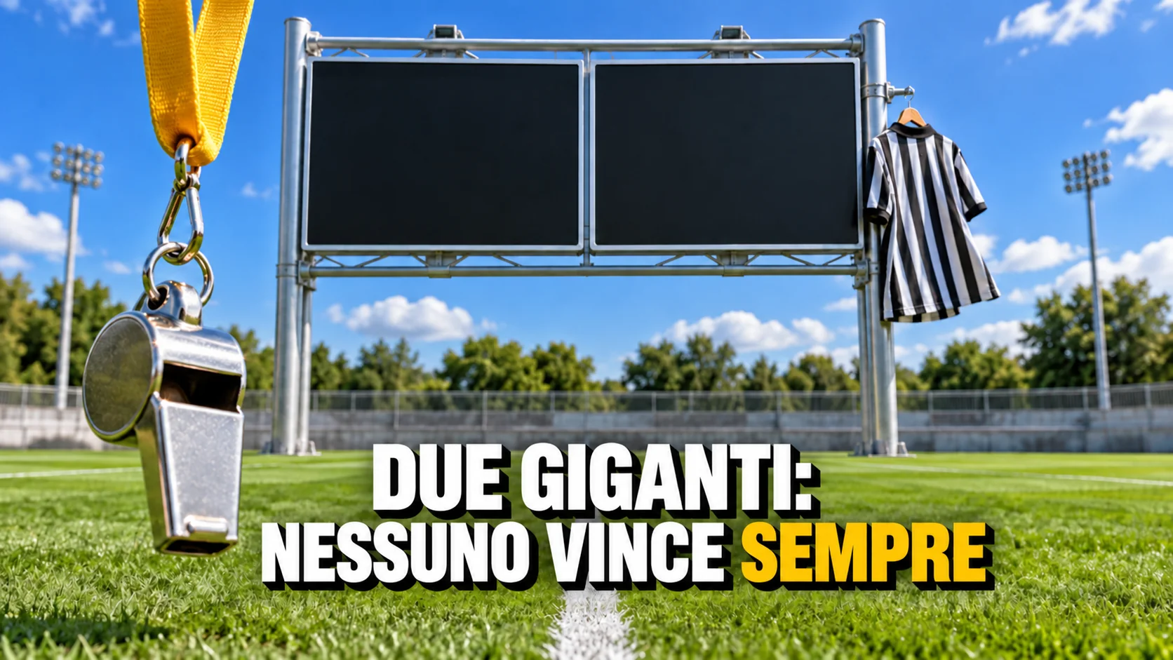 Tabellone da stadio con i pannelli del punteggio completamente vuoti su un campo verde, in primo piano un fischietto d’arbitro con cordino giallo.
