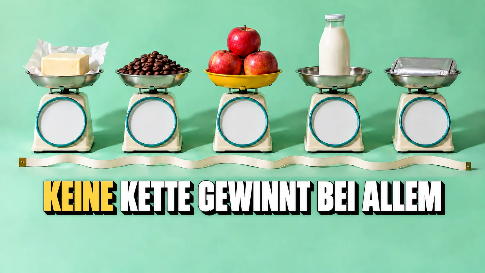 Küchenwaagen mit verschiedenen Lebensmitteln und leeren Zifferblättern in einer Reihe.