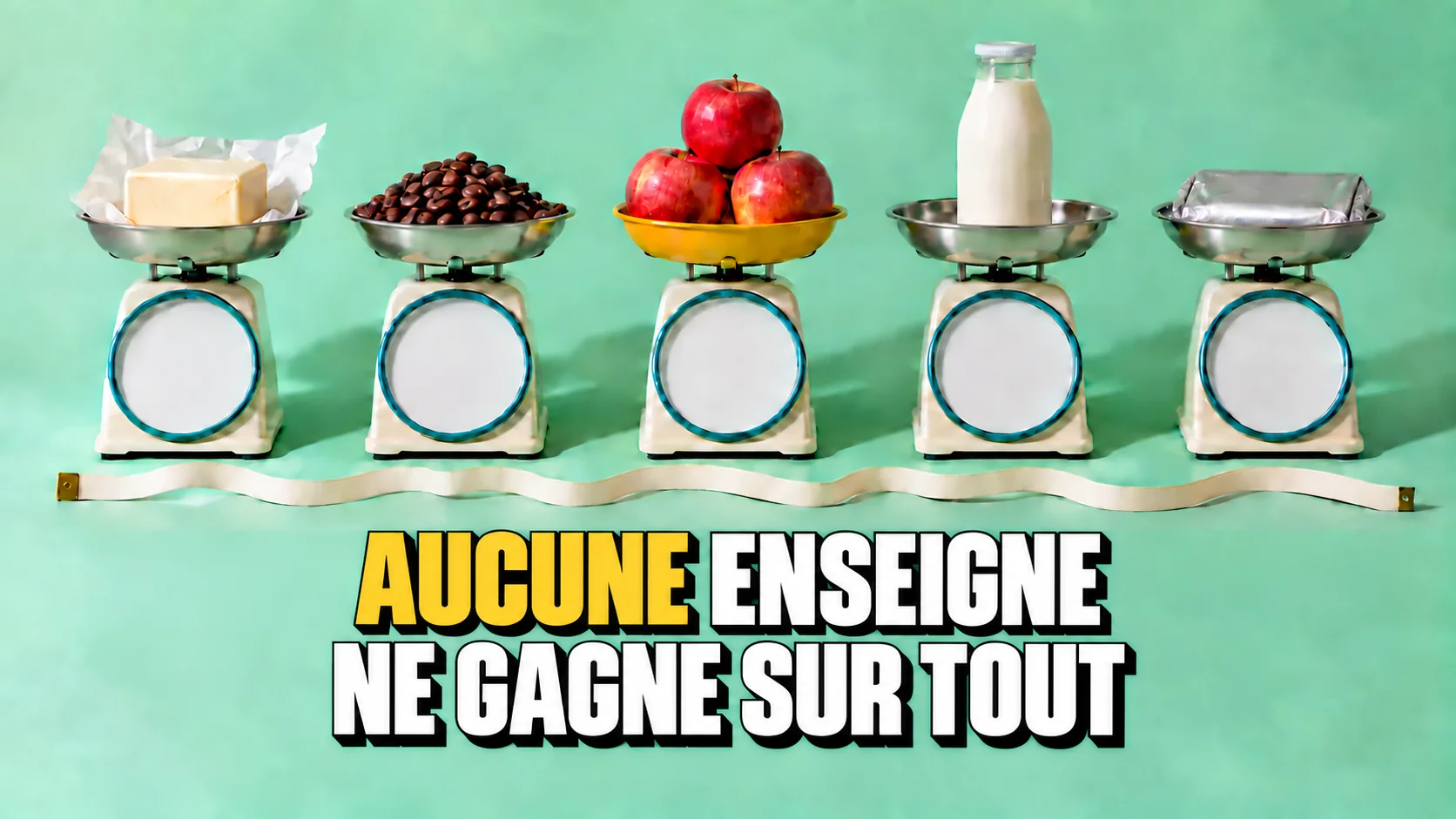 Balances de cuisine alignées avec différents aliments et cadrans sans chiffres.