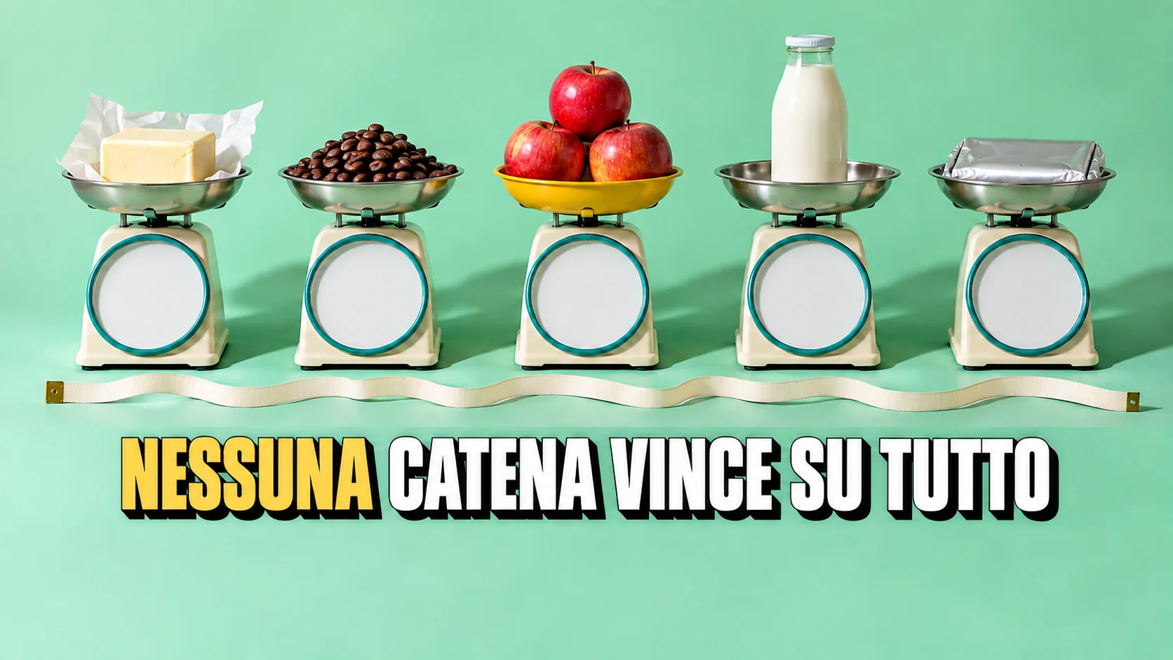 Cinque bilance da cucina identiche in fila, ognuna con un prodotto diverso e il quadrante bianco senza numeri.