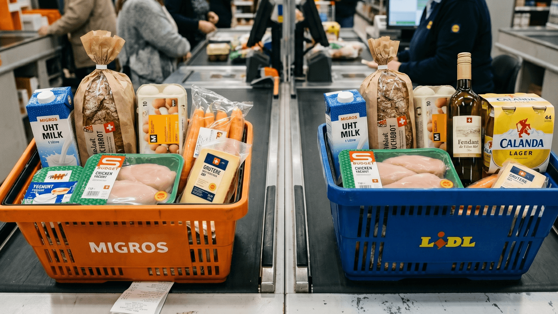 Side-by-side comparison of 30 grocery items from Migros and Lidl on a kitchen table, with receipts visible