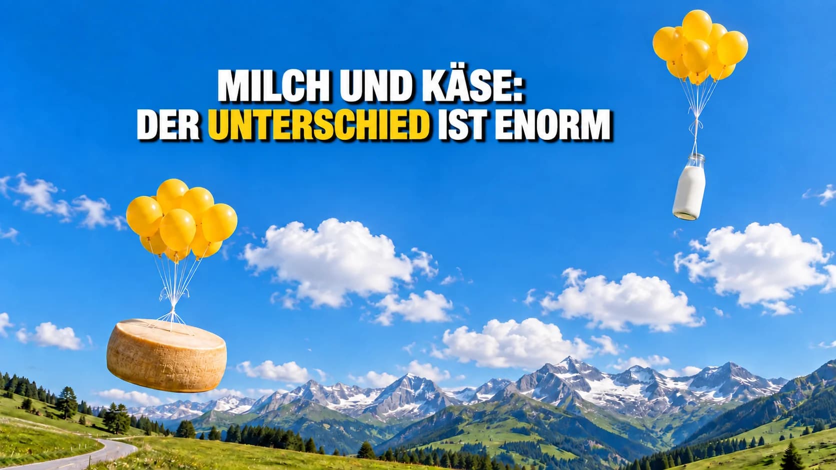 Milchflasche und Käselaib schweben an gelben Ballons auf unterschiedlichen Höhen.