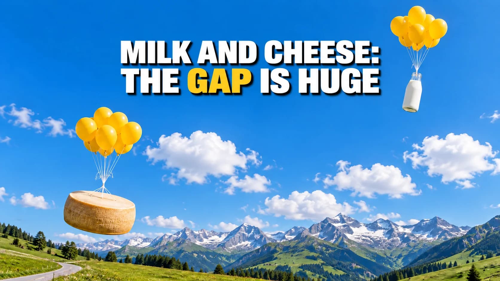 Milk bottle and cheese wheel floating at different heights beneath yellow balloons.