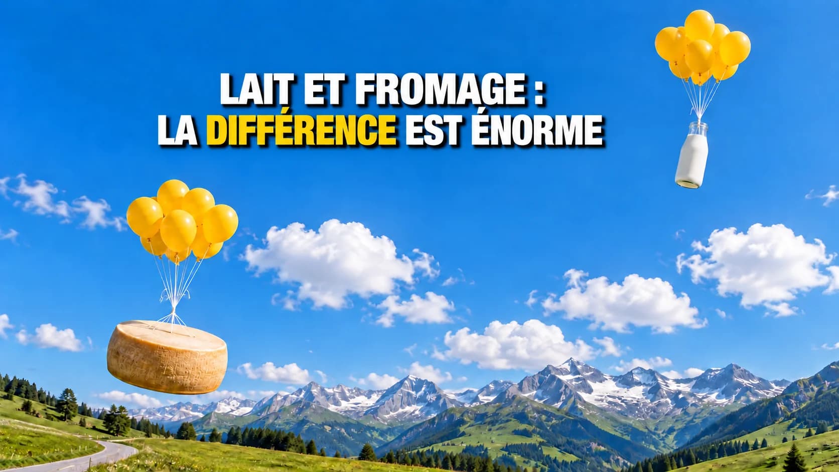 Bouteille de lait et meule de fromage flottant à différentes hauteurs sous des ballons jaunes.