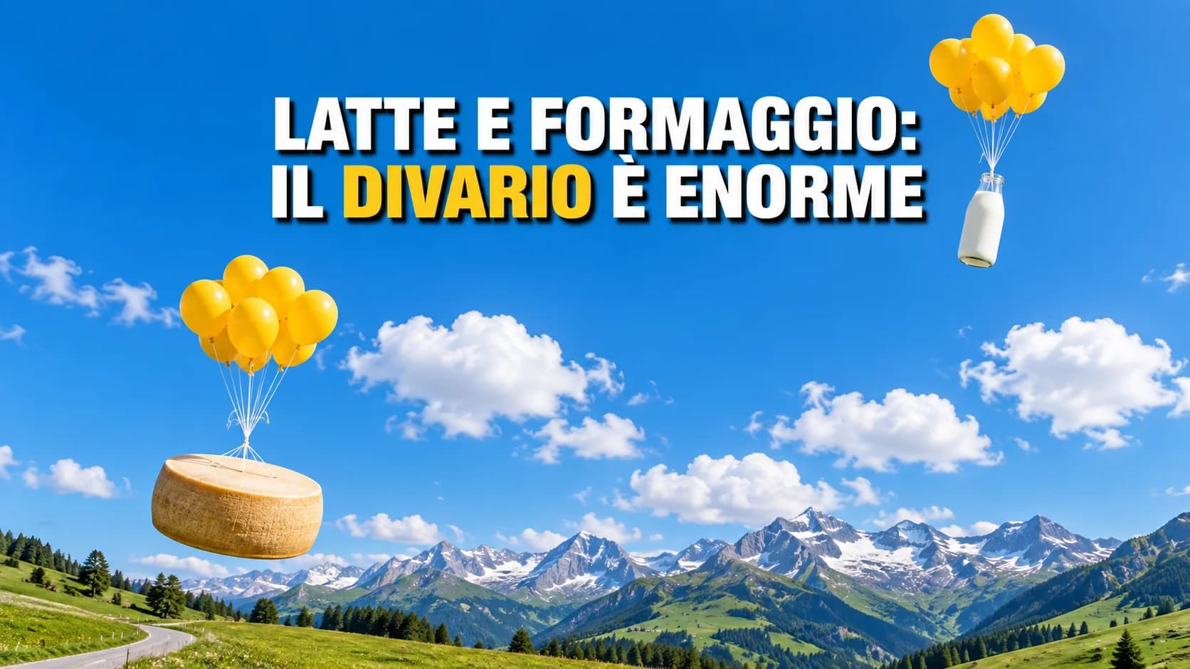 Una bottiglia di latte e una forma di formaggio che fluttuano nel cielo azzurro a quote diverse con palloncini gialli