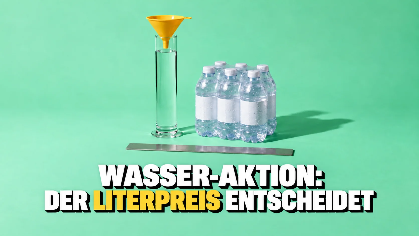 Ein Messzylinder ohne jede Skala voll Wasser neben einem Sixpack unbeschrifteter Flaschen