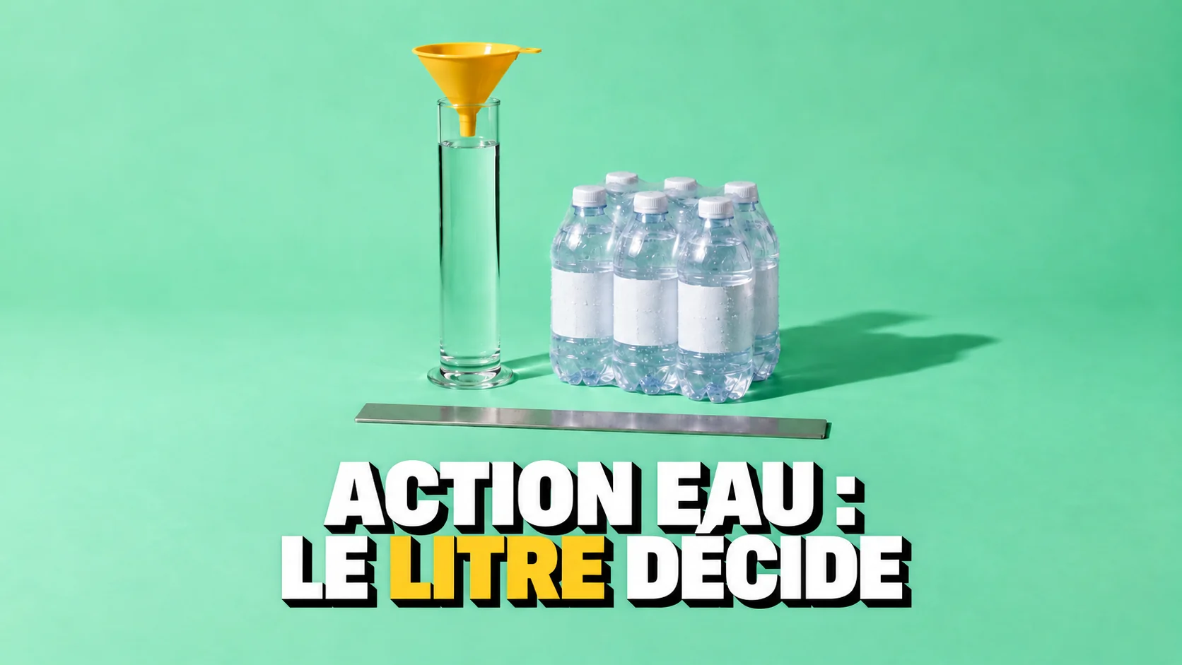 Une éprouvette sans aucune graduation remplie d'eau à côté d'un pack de six bouteilles anonymes