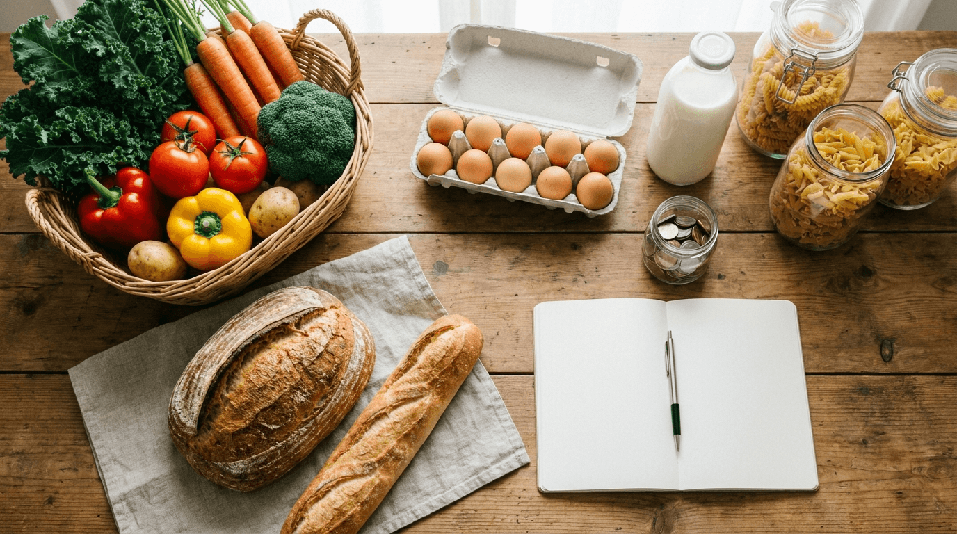 A week of fresh groceries beside a savings jar: how much money for food per month is normal in Switzerland, measured and lowered with Rappn.